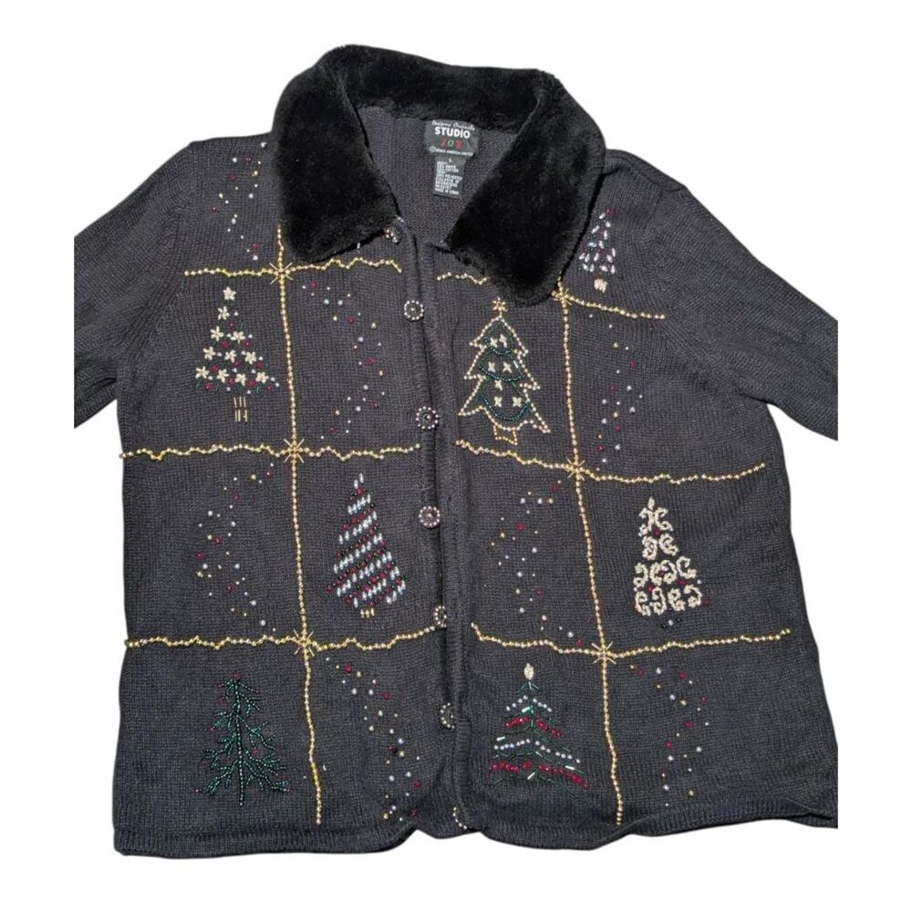 Studio Joy Black Beaded & Embroidered Christmas Tree Holiday Sweater Large